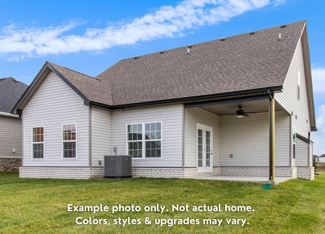 back of house with ceiling fan, a lawn, a patio, and central air condition unit