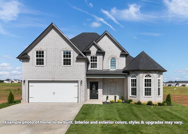 french country inspired facade with a front lawn and a garage