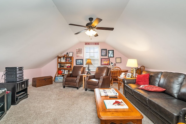 carpeted living room with vaulted ceiling and ceiling fan