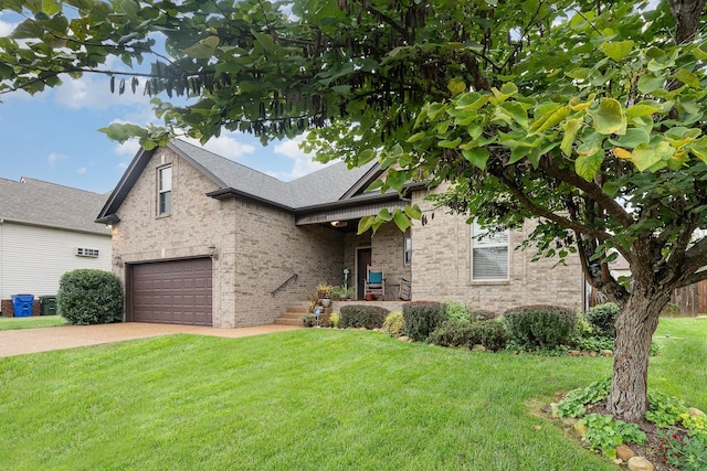 view of front of property with central AC, a garage, and a front lawn