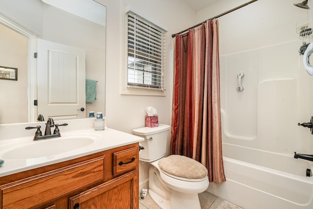 full bathroom with tile patterned flooring, shower / bath combination with curtain, vanity, and toilet