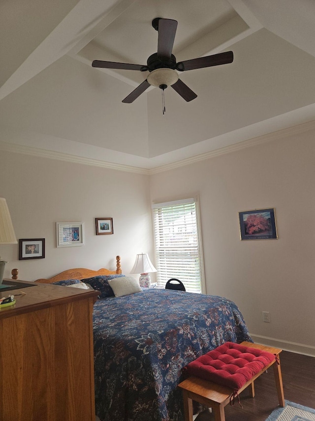 bedroom with wood-type flooring, ceiling fan, and crown molding