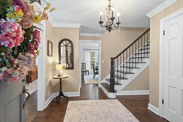 entrance foyer featuring ornamental molding, an inviting chandelier, and dark wood-type flooring