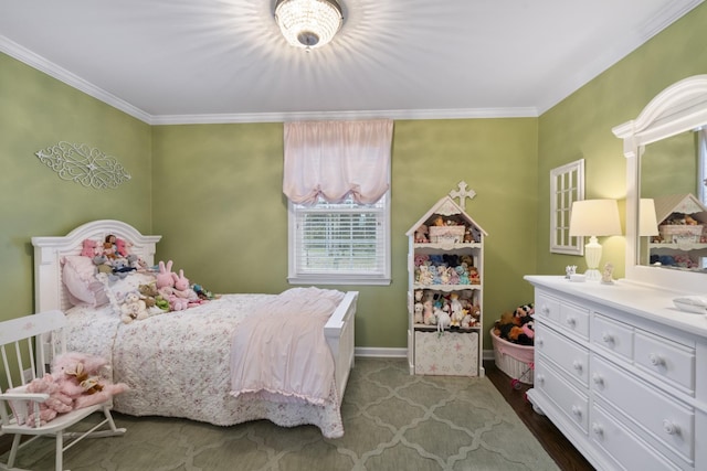 bedroom featuring dark hardwood / wood-style flooring and crown molding