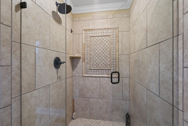 bathroom with an enclosed shower and crown molding