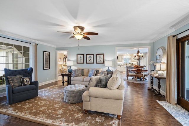 living room featuring ceiling fan with notable chandelier, dark hardwood / wood-style floors, and ornamental molding