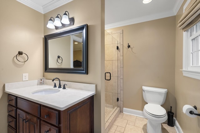 bathroom with an enclosed shower, vanity, crown molding, tile patterned flooring, and toilet