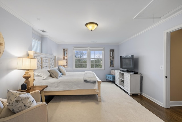 bedroom with dark wood-type flooring and crown molding