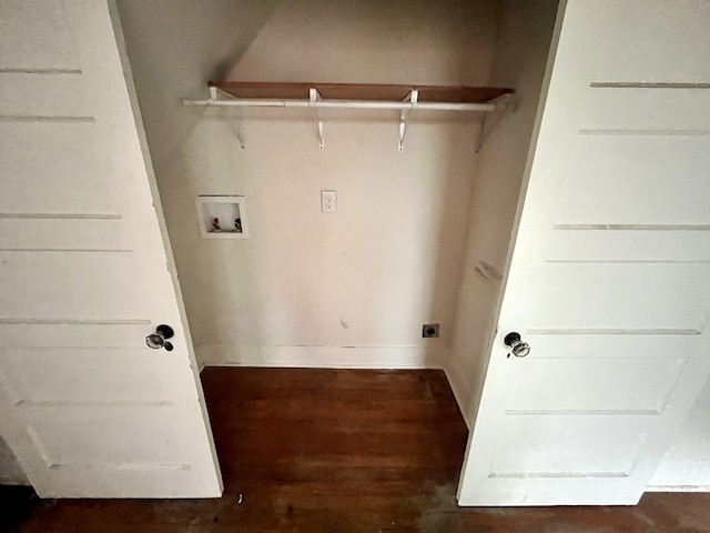 clothes washing area featuring laundry area, dark wood-style flooring, hookup for a washing machine, and hookup for an electric dryer