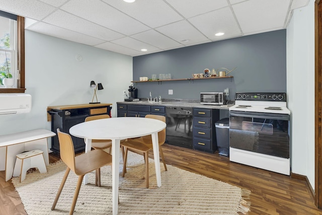 kitchen with a paneled ceiling, white electric stove, dark hardwood / wood-style floors, blue cabinetry, and black dishwasher