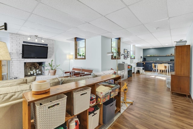 interior space featuring a paneled ceiling, dark hardwood / wood-style floors, and a fireplace