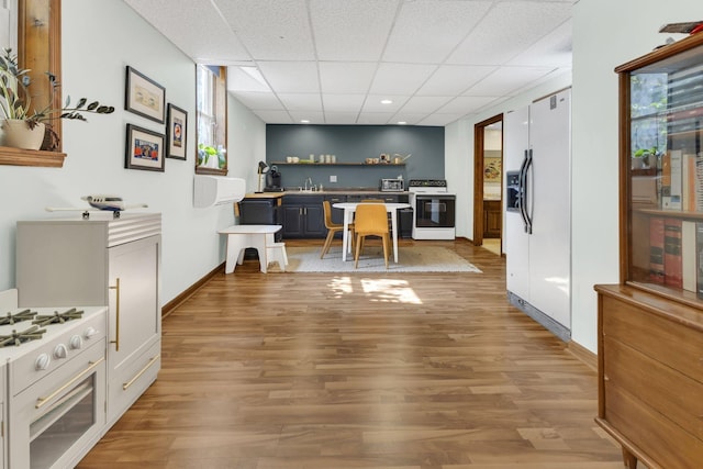 interior space with a drop ceiling, hardwood / wood-style floors, and sink