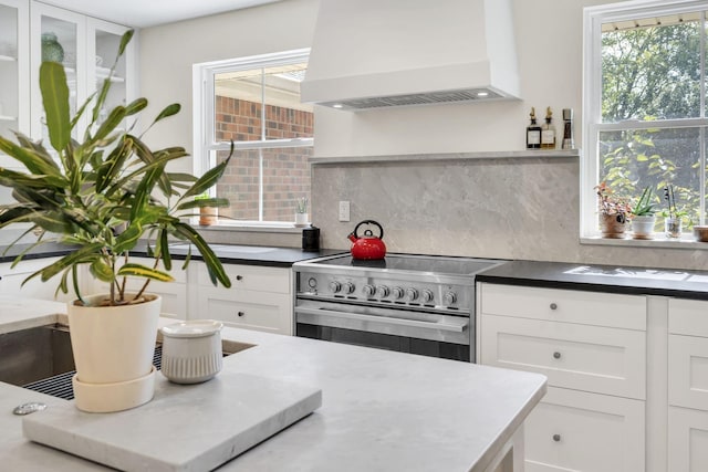 kitchen featuring white cabinetry, custom range hood, backsplash, and stainless steel stove