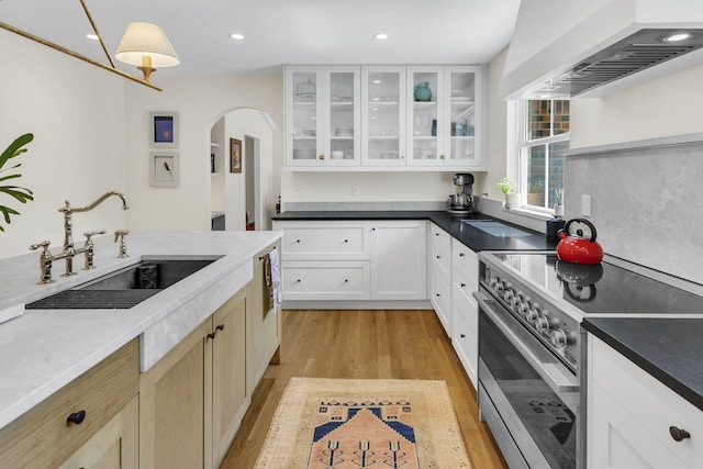 kitchen featuring white cabinets, sink, high end range, and ventilation hood