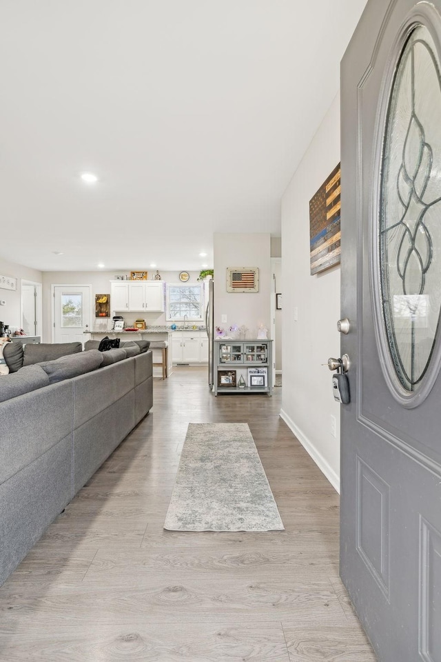 foyer with light hardwood / wood-style flooring, a healthy amount of sunlight, and sink