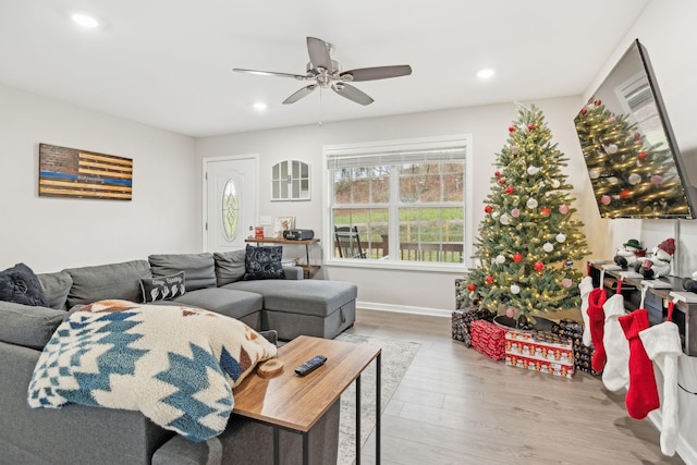 living room featuring light wood-type flooring and ceiling fan