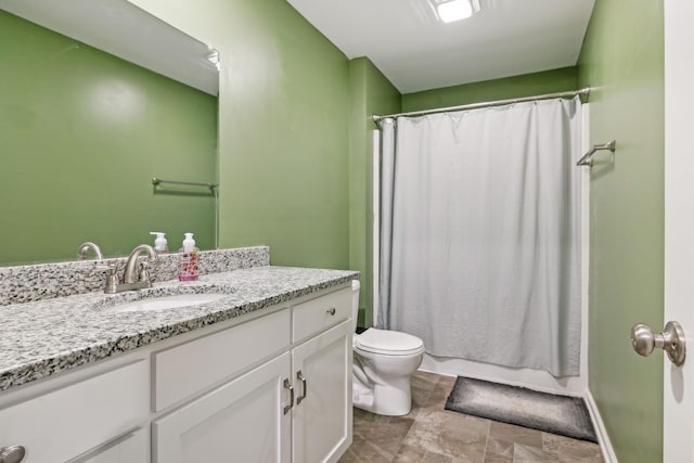 full bathroom with shower / bath combo, toilet, and vanity