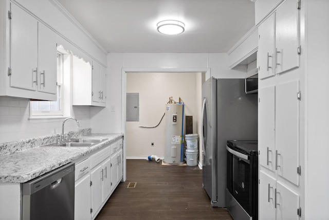 kitchen featuring stainless steel appliances, water heater, sink, electric panel, and white cabinetry