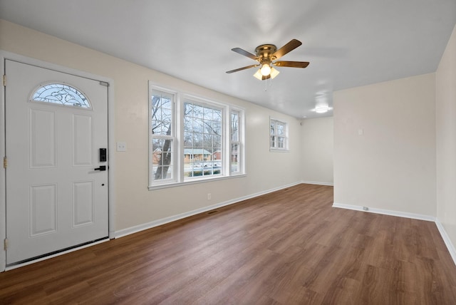 foyer entrance featuring ceiling fan and wood-type flooring