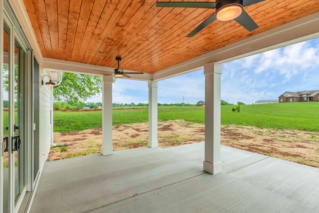 view of patio with ceiling fan and a rural view