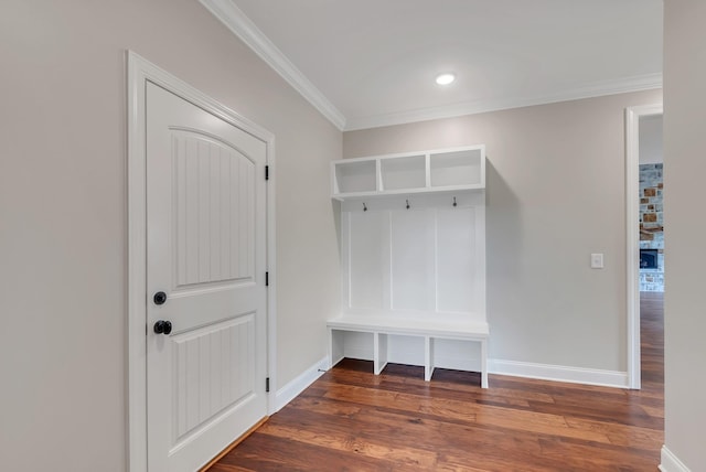 mudroom with dark wood-type flooring and crown molding