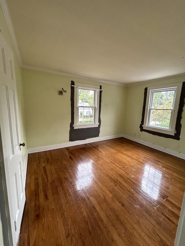 empty room featuring hardwood / wood-style flooring and crown molding