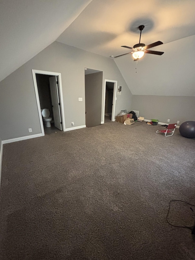 bonus room featuring carpet flooring, vaulted ceiling, and ceiling fan