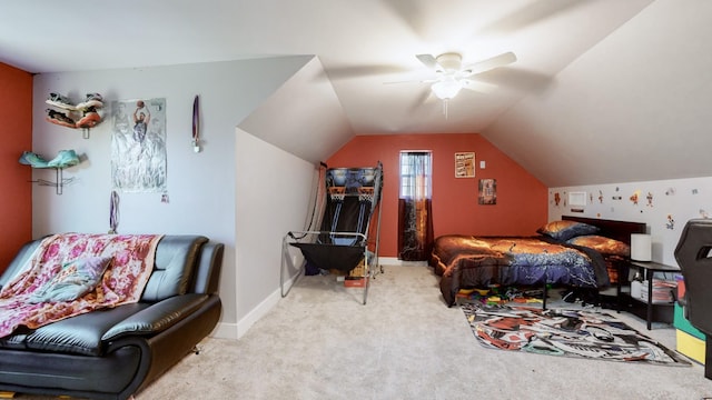 bedroom featuring light colored carpet, vaulted ceiling, and ceiling fan