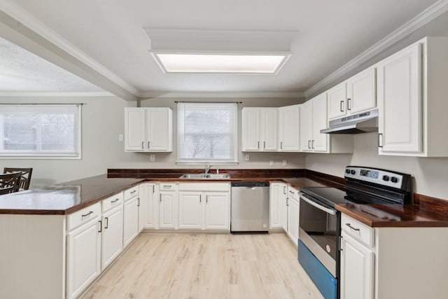 kitchen with kitchen peninsula, appliances with stainless steel finishes, white cabinetry, and sink