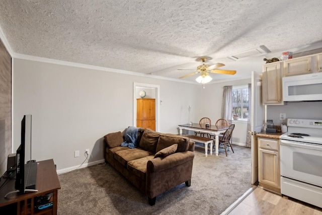 living room featuring crown molding, ceiling fan, light colored carpet, and a textured ceiling