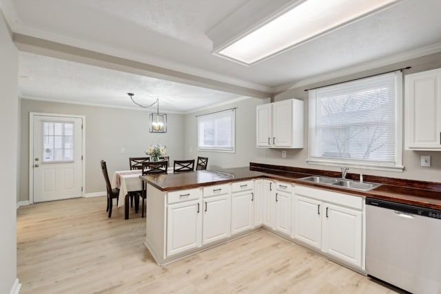 kitchen with kitchen peninsula, white cabinets, stainless steel dishwasher, and sink