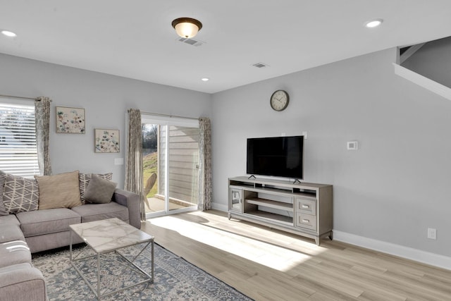 living room featuring light hardwood / wood-style floors and a wealth of natural light