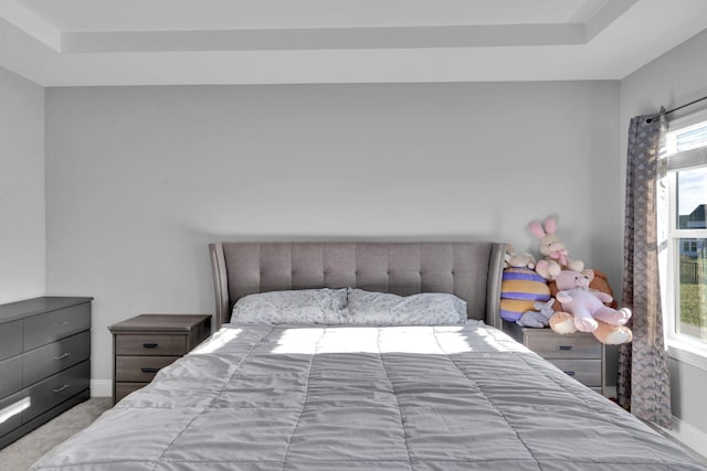 carpeted bedroom with a tray ceiling