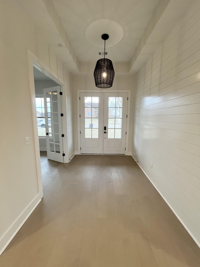 doorway featuring a tray ceiling, french doors, wood finished floors, and a wealth of natural light