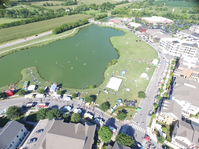 drone / aerial view with a water view