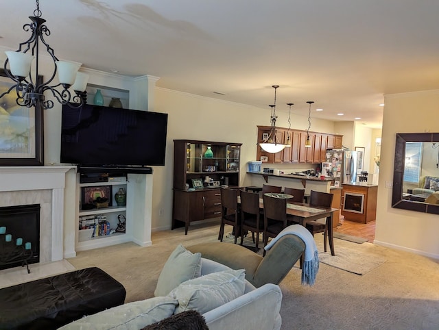 living room featuring ornamental molding, light carpet, and a tiled fireplace