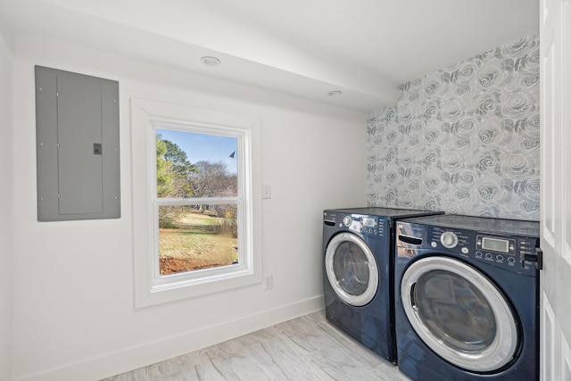 laundry area with electric panel and washing machine and clothes dryer