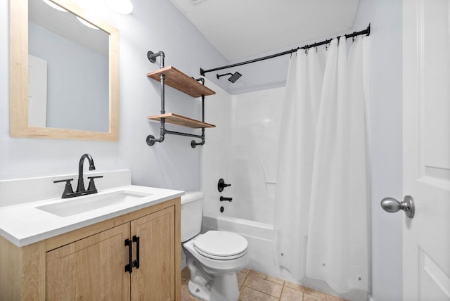 full bathroom featuring tile patterned flooring, vanity, toilet, and shower / tub combo with curtain