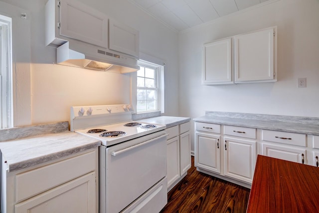 kitchen featuring white cabinetry, dark hardwood / wood-style flooring, white electric range, and ornamental molding