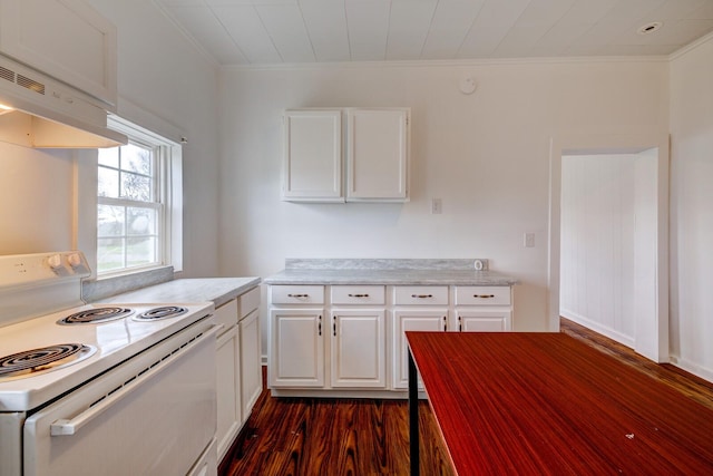 kitchen with white cabinetry, white electric stove, dark hardwood / wood-style floors, and crown molding