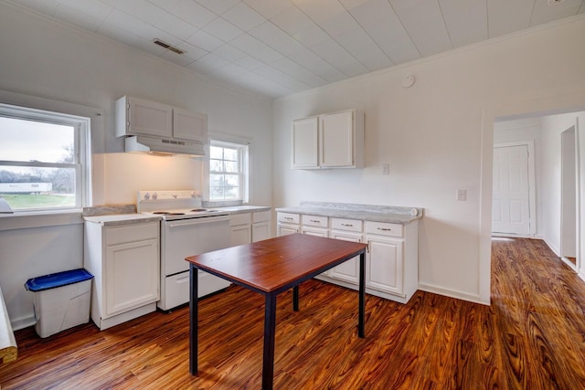 kitchen featuring stove, white cabinets, dark hardwood / wood-style floors, ornamental molding, and extractor fan