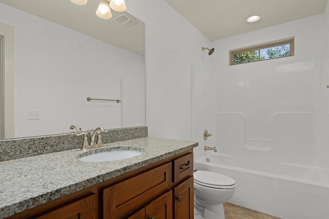 full bathroom with shower / bathing tub combination, vanity, toilet, and tile patterned floors