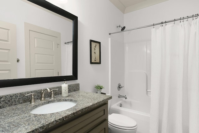 full bathroom with shower / bathtub combination with curtain, vanity, and toilet