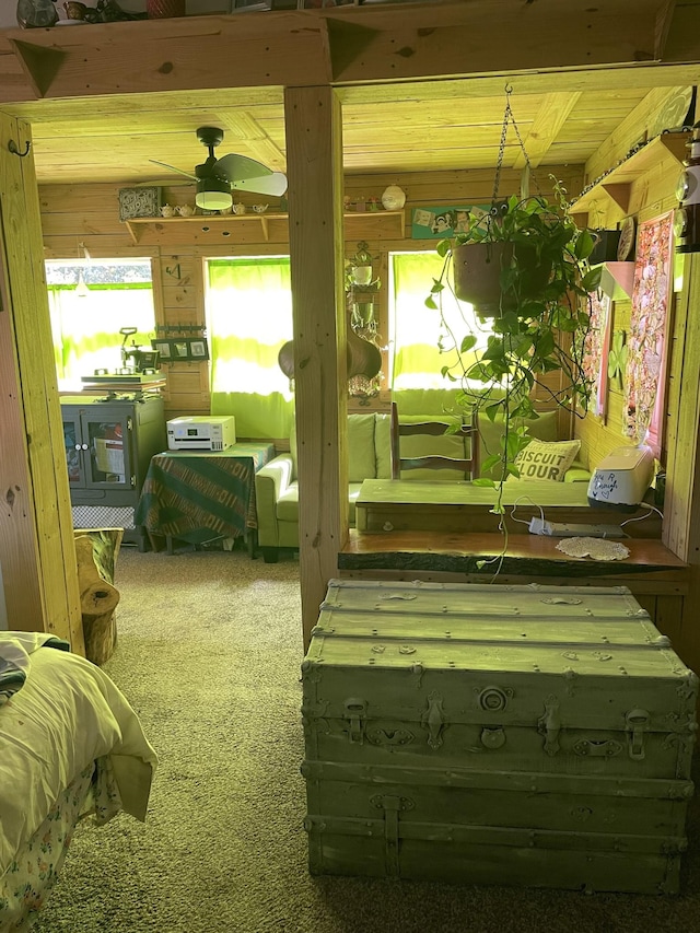 exterior space with carpet floors and a ceiling fan