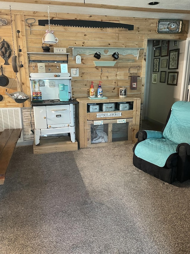 living area with wooden walls and carpet flooring