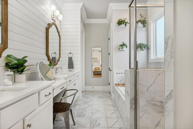 bathroom featuring crown molding, vanity, and independent shower and bath