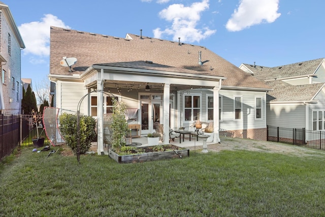 back of house with outdoor lounge area, ceiling fan, a yard, and a patio