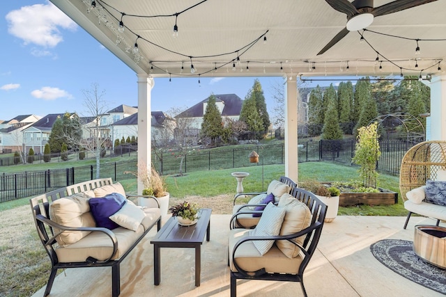 view of patio with an outdoor hangout area and ceiling fan