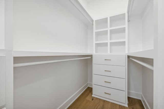 walk in closet with dark hardwood / wood-style floors