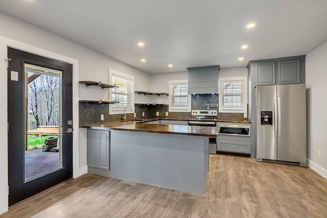 235 Union Ridge Rd, Wartrace, TN 37183 - kitchen with gray cabinets, a sink, open shelves, a peninsula, and stainless steel appliances